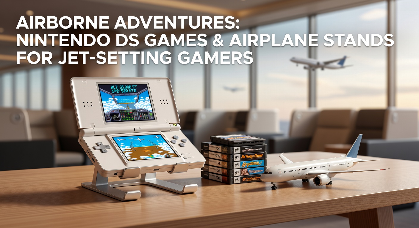 A Nintendo DS console secured in an airplane tray table stand, with a flight game displayed on dual screens amid clouds visible through the window
