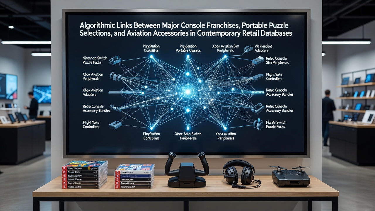Retail database visualization showing algorithmic links between console games, portable puzzles, and aviation accessories