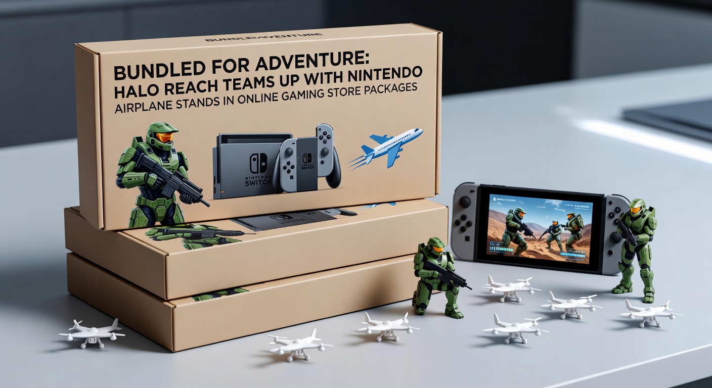 Halo Reach game disc bundled with Nintendo DS airplane stand in a colorful online store package, highlighting adventure-ready gaming on the go