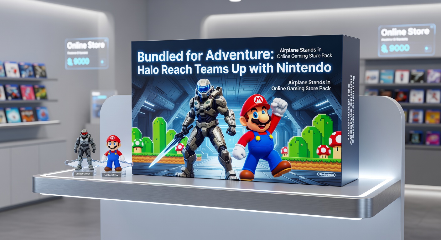 Close-up of the Halo Reach bundle package opened, showing the game cartridge, airplane stand in blue, and promotional adventure stickers for travel gamers