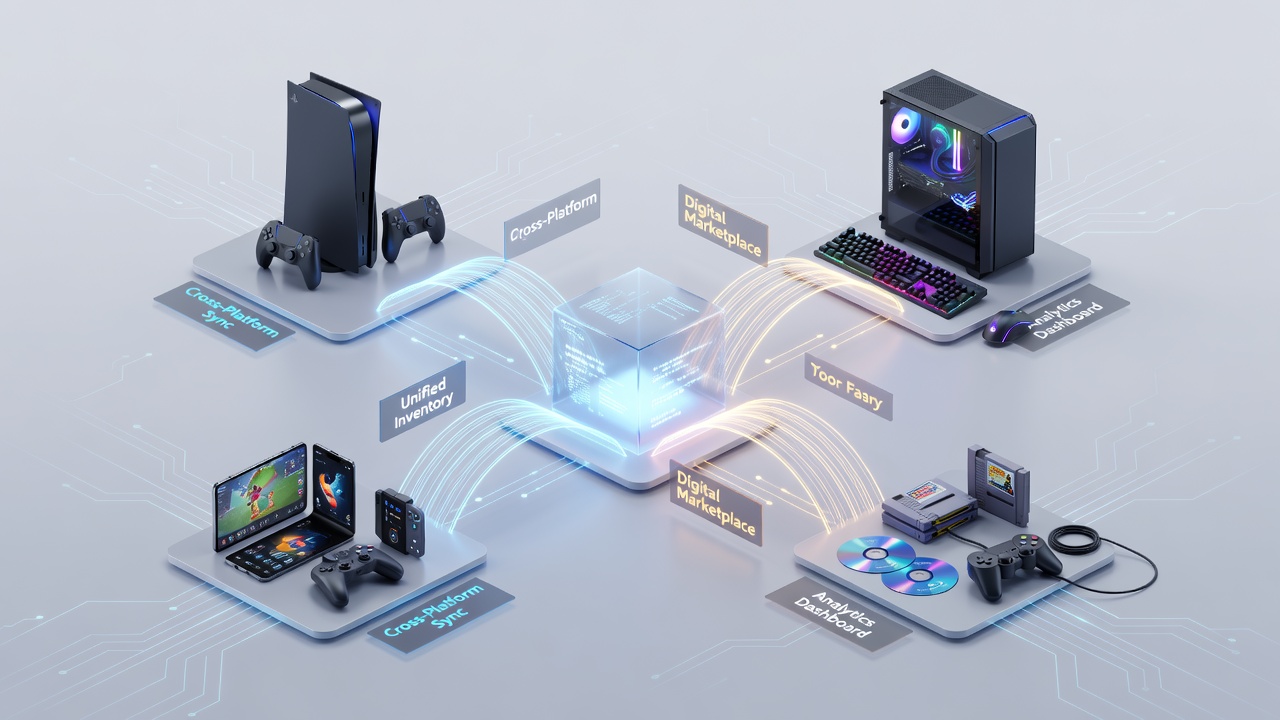Retail platform dashboard showing interconnected gaming catalog categories across console, handheld, and accessory formats
