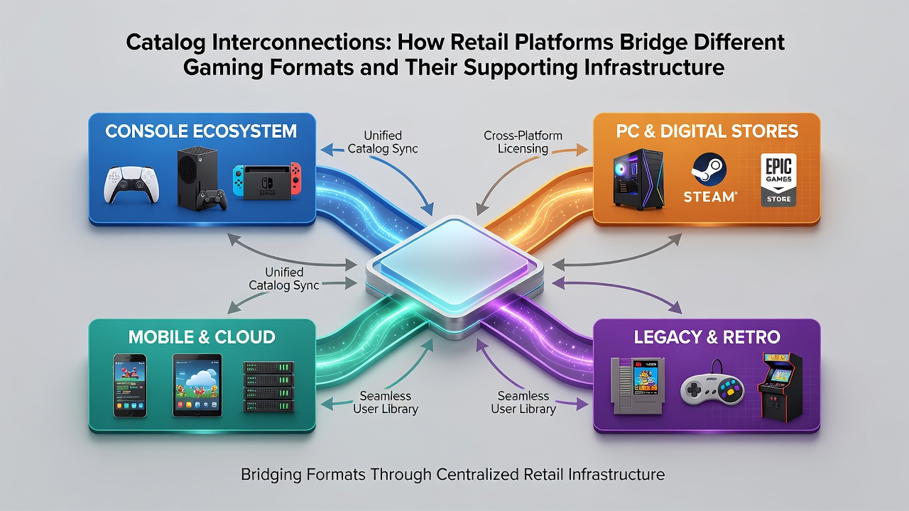 Illustration of relational database connections between different gaming platforms and accessory categories