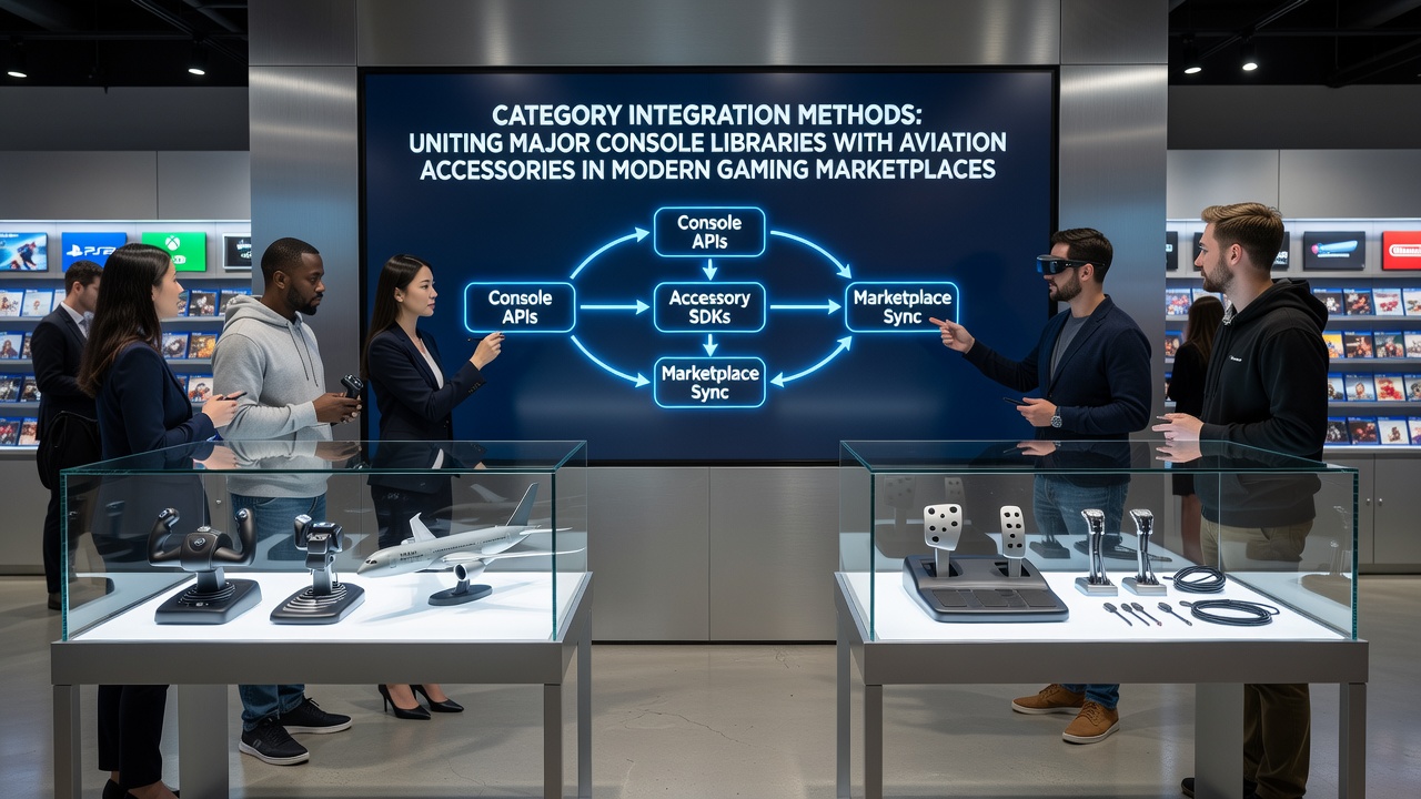 Overview of category integration in gaming marketplaces showing console libraries connected to aviation accessories