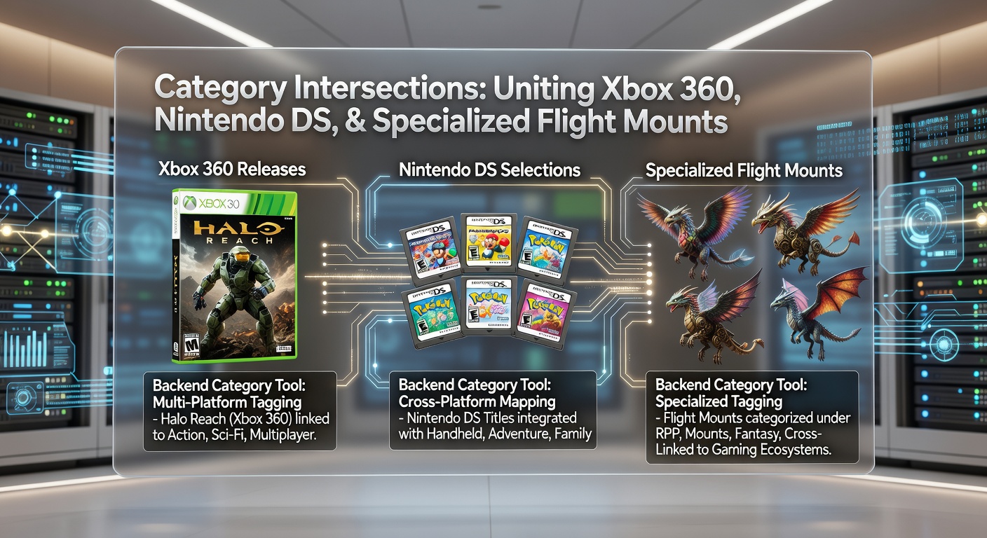 Gaming storefront backend dashboard displaying interconnected categories for Xbox 360 releases, Nintendo DS titles, and specialized flight mounts