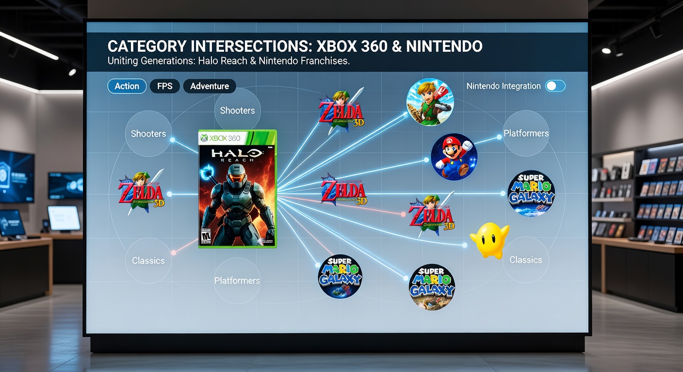 Illustration of category mapping algorithms linking Xbox 360 games with Nintendo DS selections and aviation accessories in a digital storefront