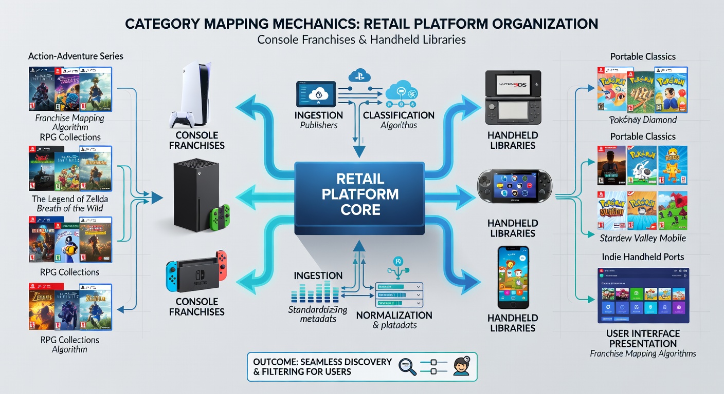Integrated backend workflow diagram connecting console franchises with aviation mounts and handheld libraries