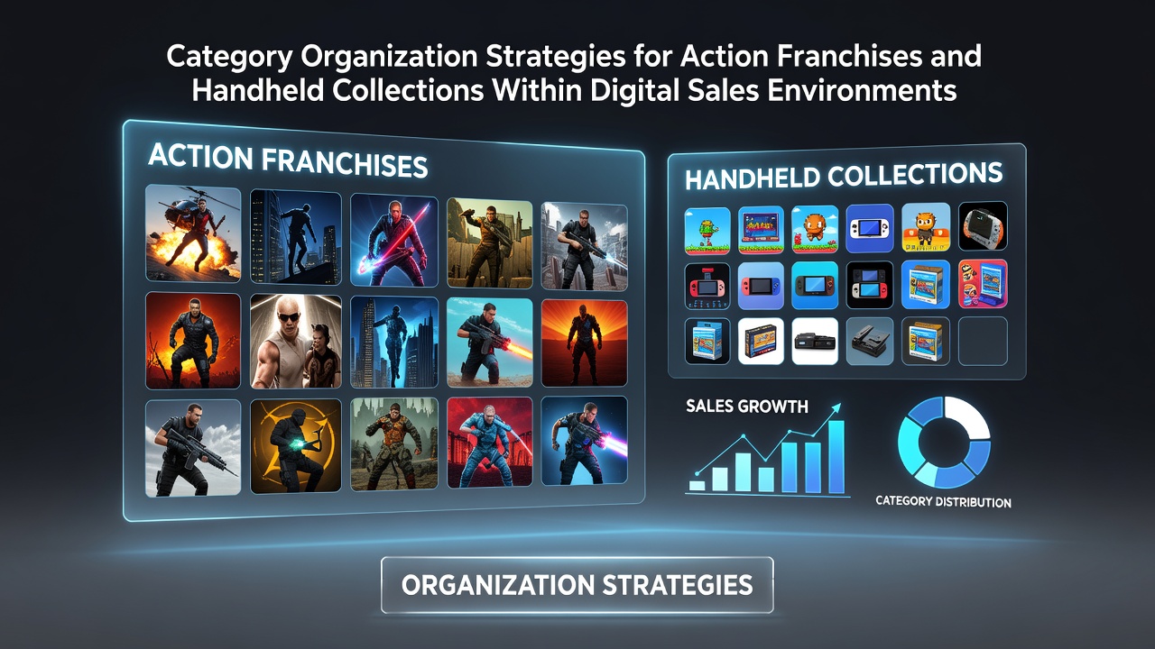 Digital storefront interface displaying organized categories for action game franchises alongside handheld device collections in an e-commerce platform