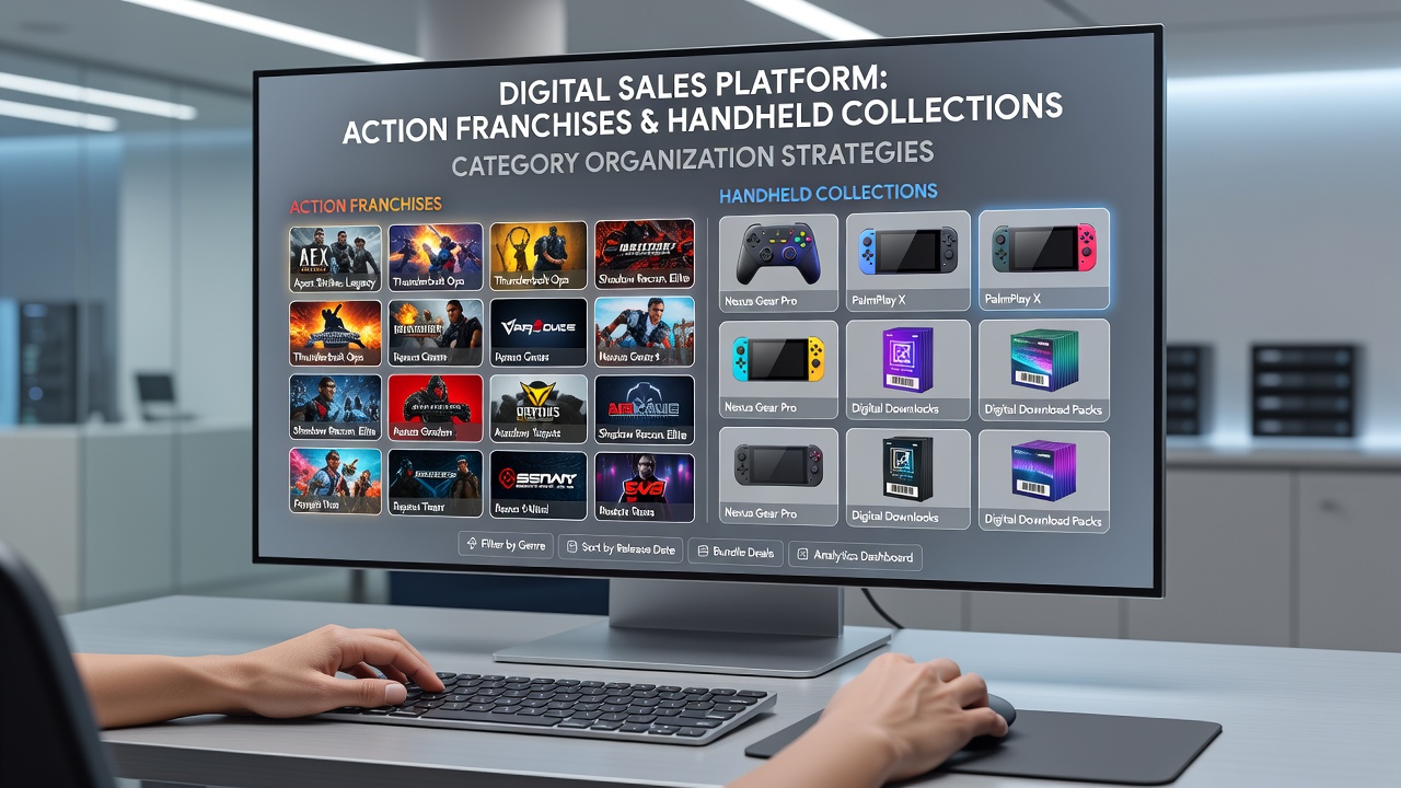 Backend dashboard view of category mapping tools connecting action franchise entries with handheld collection records in a gaming retail database