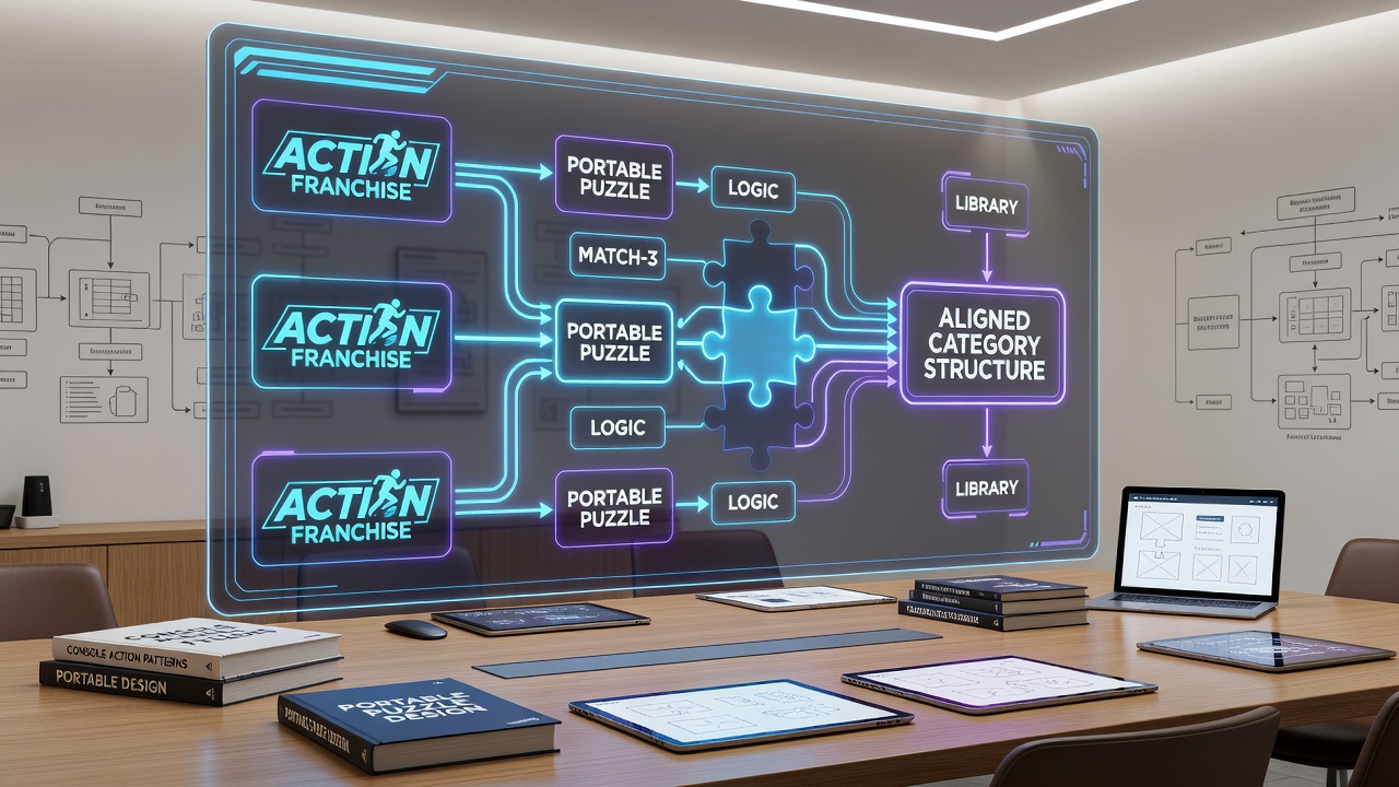 Backend dashboard illustrating category mapping between action console franchises and portable puzzle titles within a retail data framework