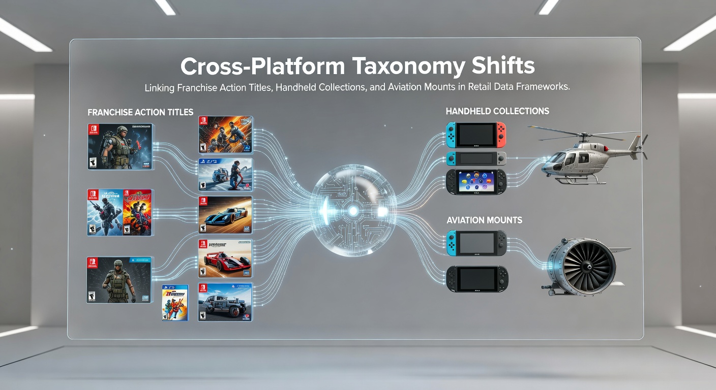 Retail data frameworks showing connections between action game franchises, handheld collections, and aviation mounts in digital storefronts