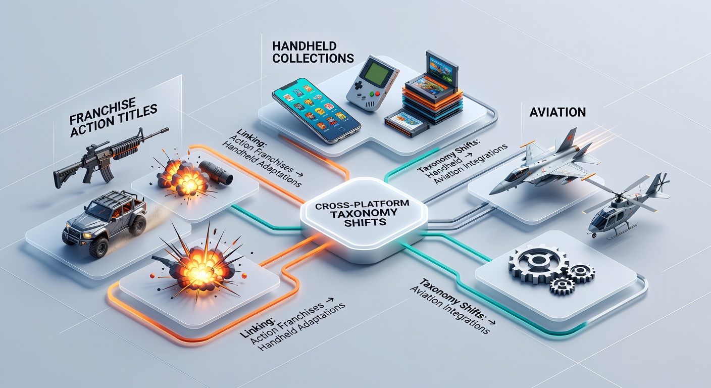 Backend category mapping in gaming retail systems connecting action titles, handhelds, and aviation accessories