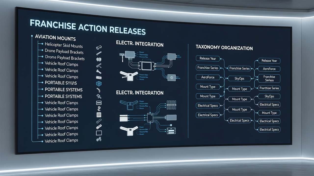 Relational database model diagram illustrating connections between action game franchises and aviation accessory categories