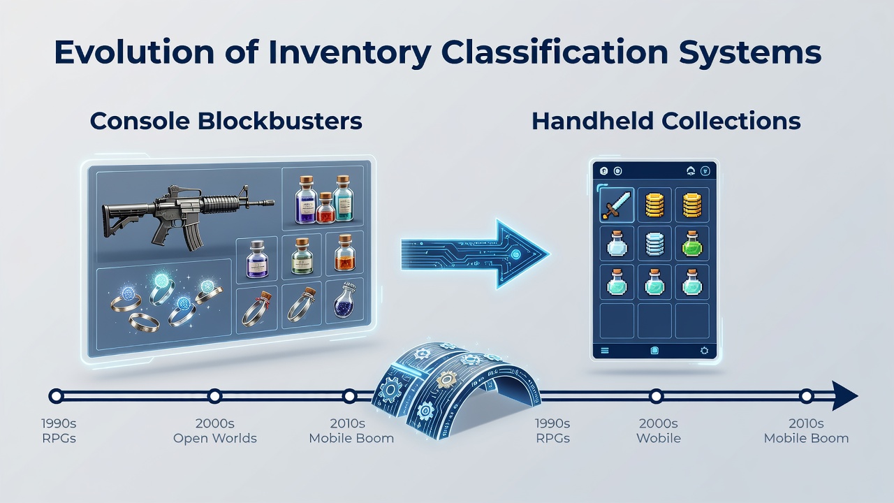 Evolution of inventory classification systems showing interconnected categories for console games, handheld devices, and aviation peripherals in gaming marketplaces