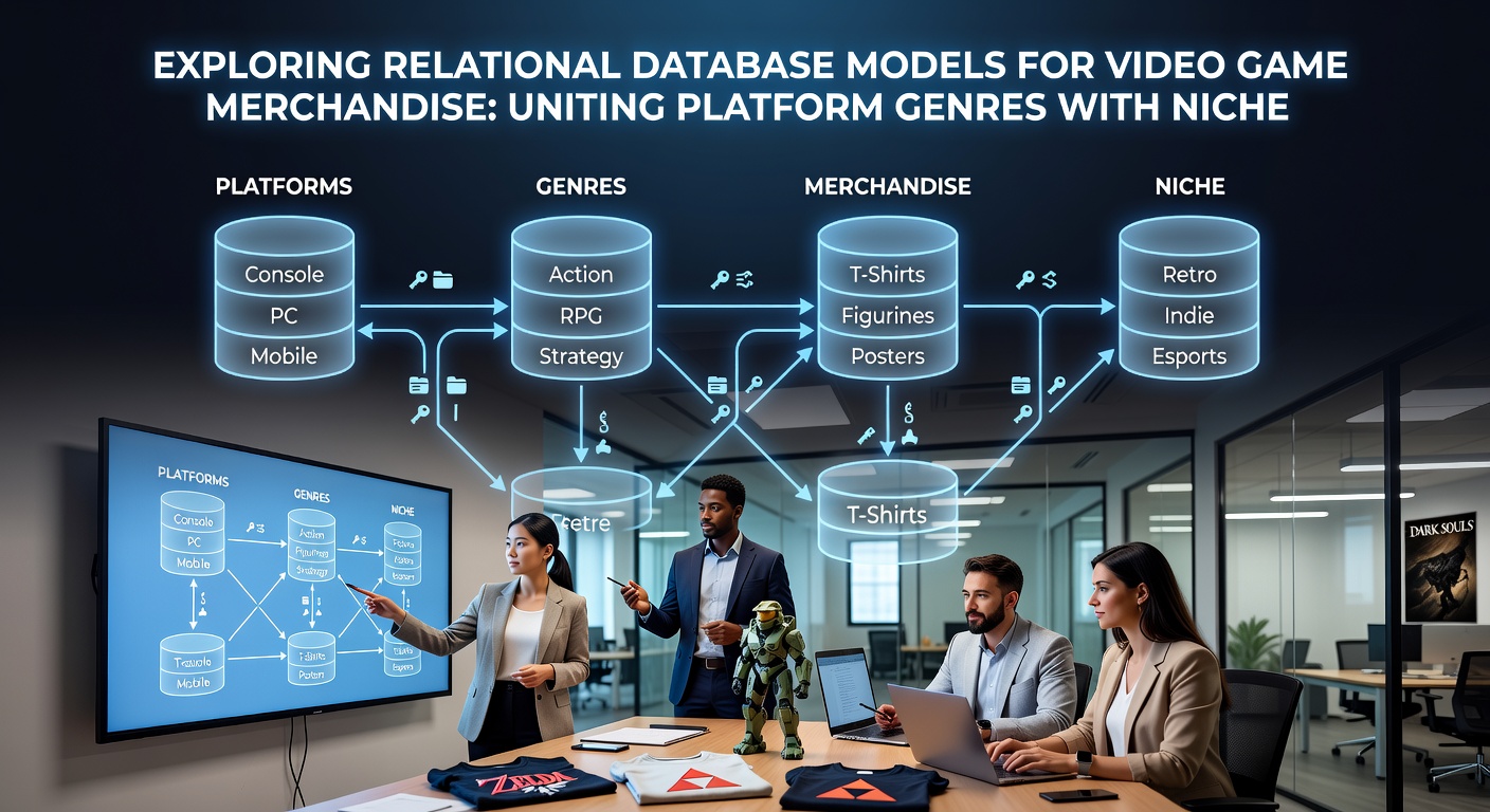 E-commerce dashboard displaying relational queries that match video game genres with accessory types across multiple platforms
