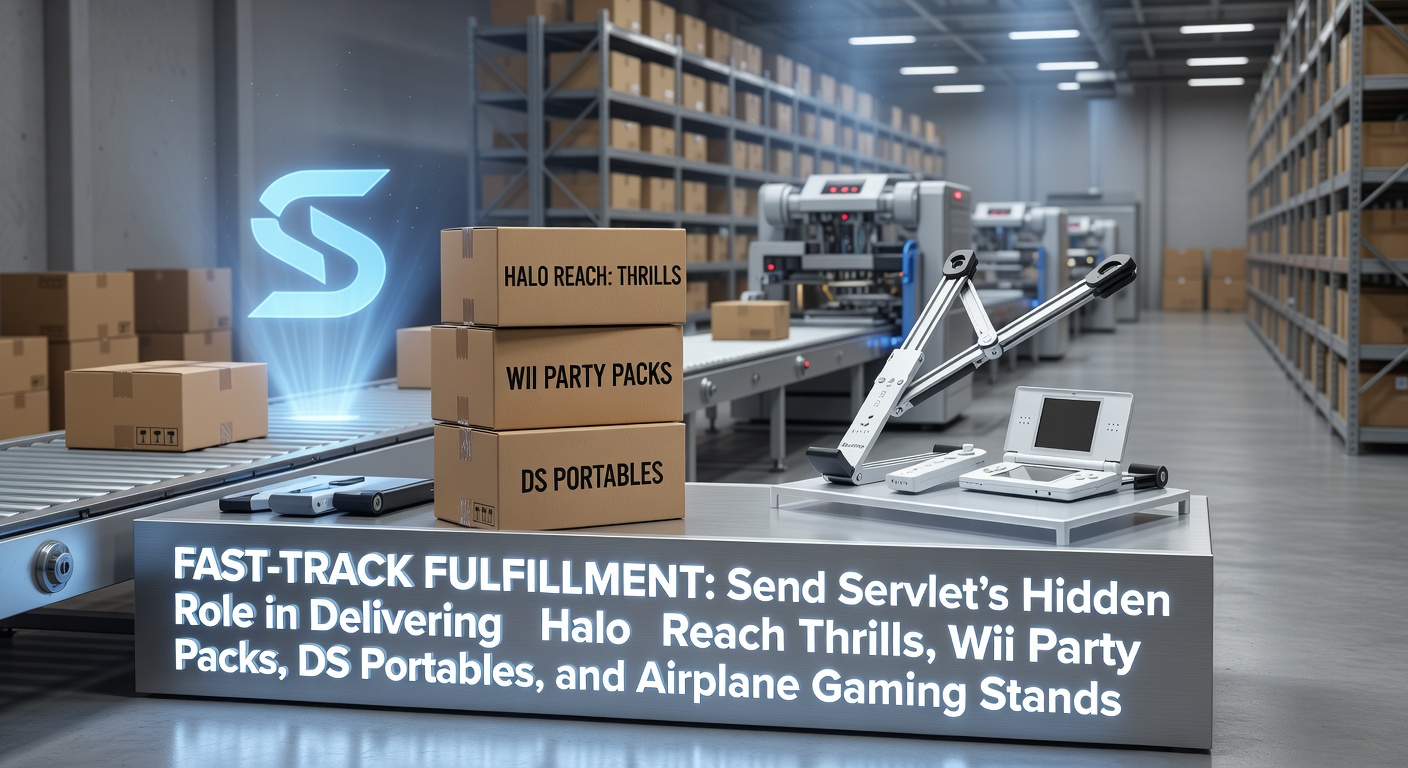 Illustration of a streamlined server process handling game shipments, with icons for Halo Reach, Wii packs, DS units, and airplane stands speeding toward customers