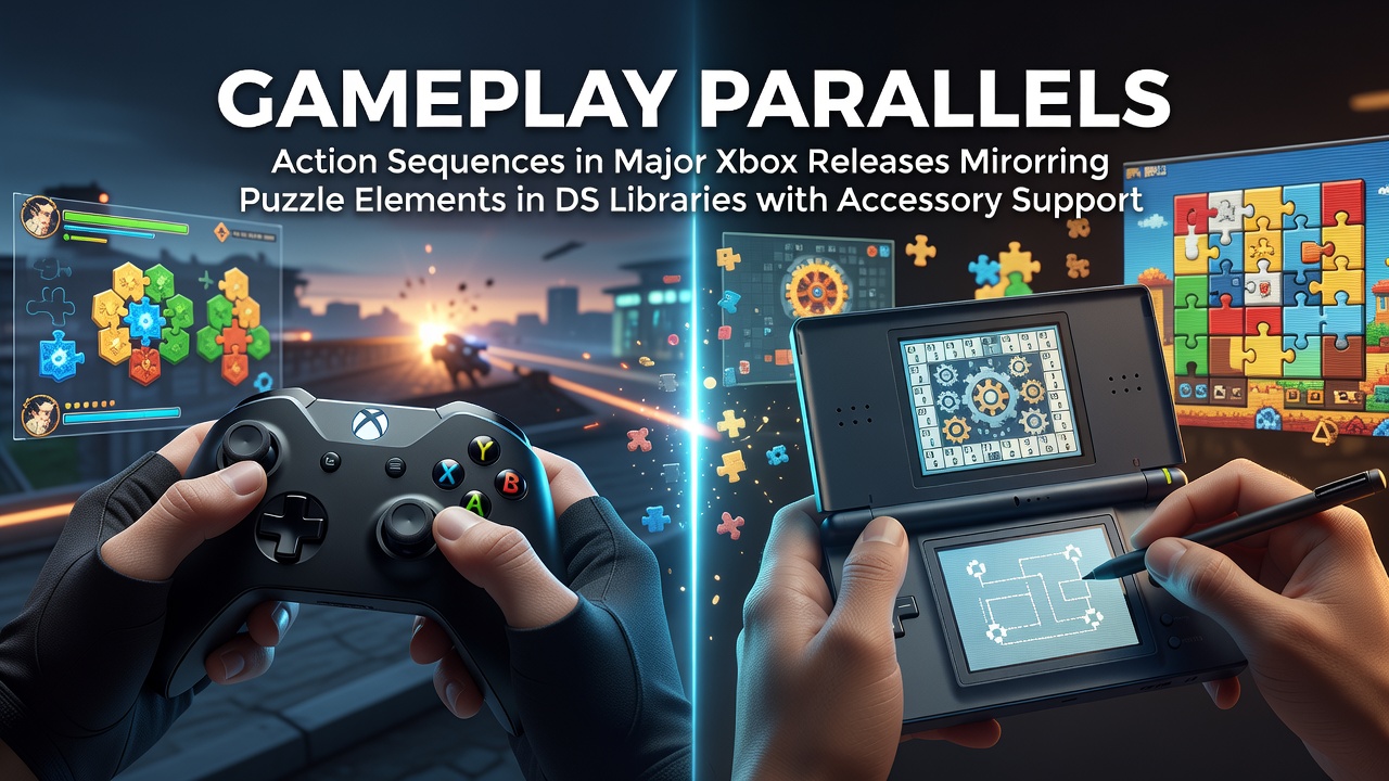 Xbox action sequences and DS puzzle interfaces displayed side by side on gaming setups with accessory supports