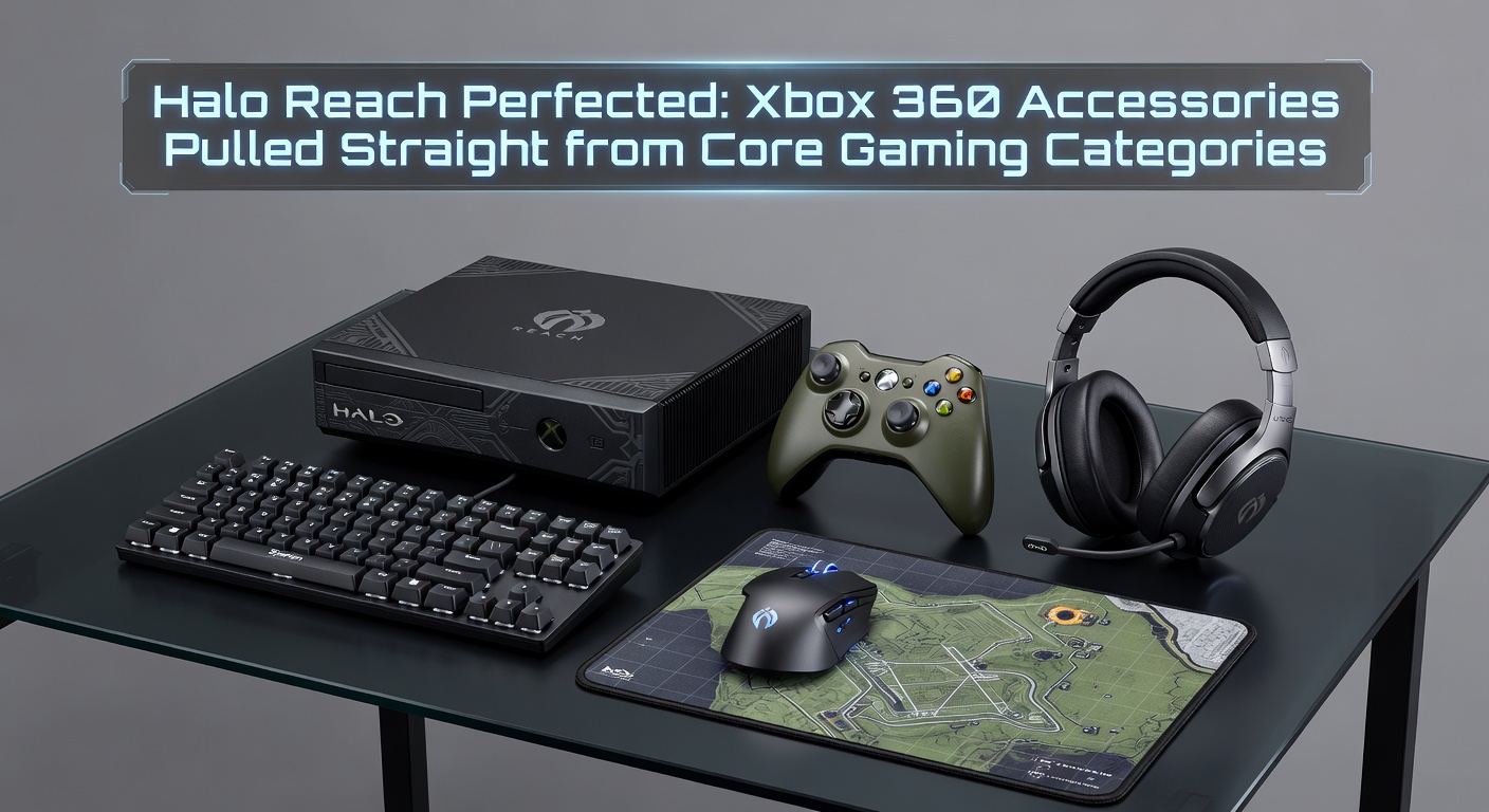 Xbox 360 console setup with Halo Reach game disc and array of accessories like controllers and headsets arranged for optimal multiplayer sessions