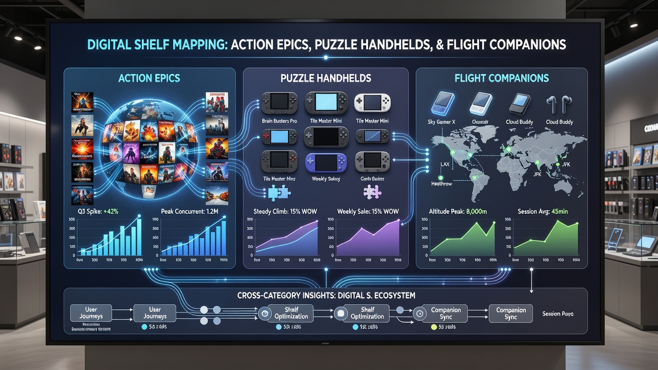 Backend dashboard view illustrating category connections between console action games, DS puzzle titles, and aviation gaming stands