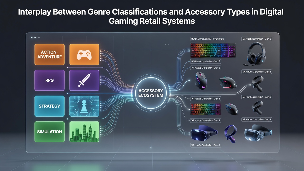 Digital gaming retail interface displaying interconnected genre classifications and accessory categories in an online storefront database