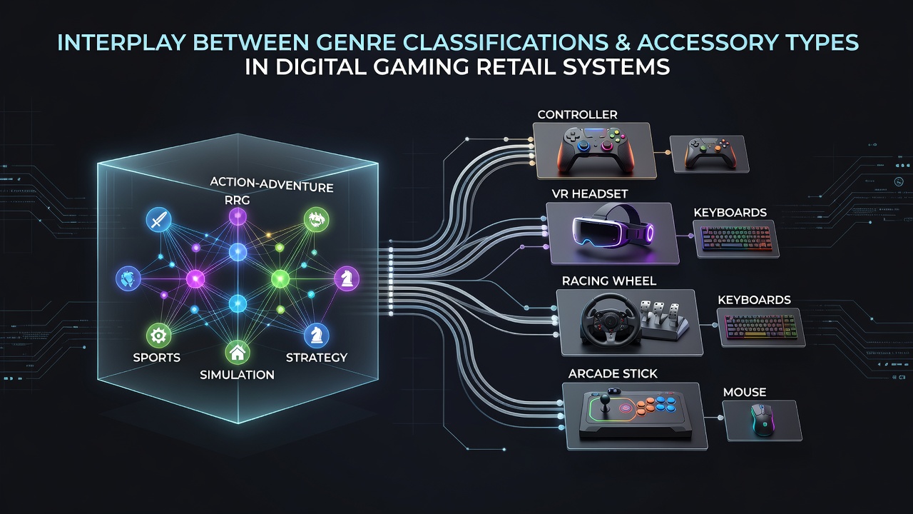 Backend view of retail data framework showing links between game genres and accessory compatibility records