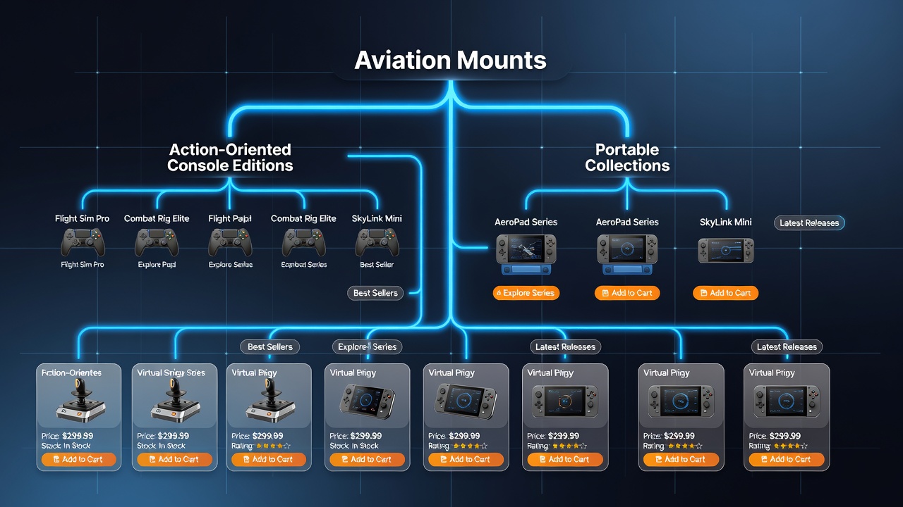Retail data hierarchy diagram showing connections between aviation mounts, console game editions, and portable collections in a virtual storefront database structure