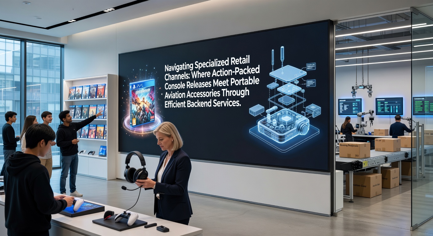 Specialized retail setup displaying action console releases alongside portable aviation accessories on organized digital storefront shelves