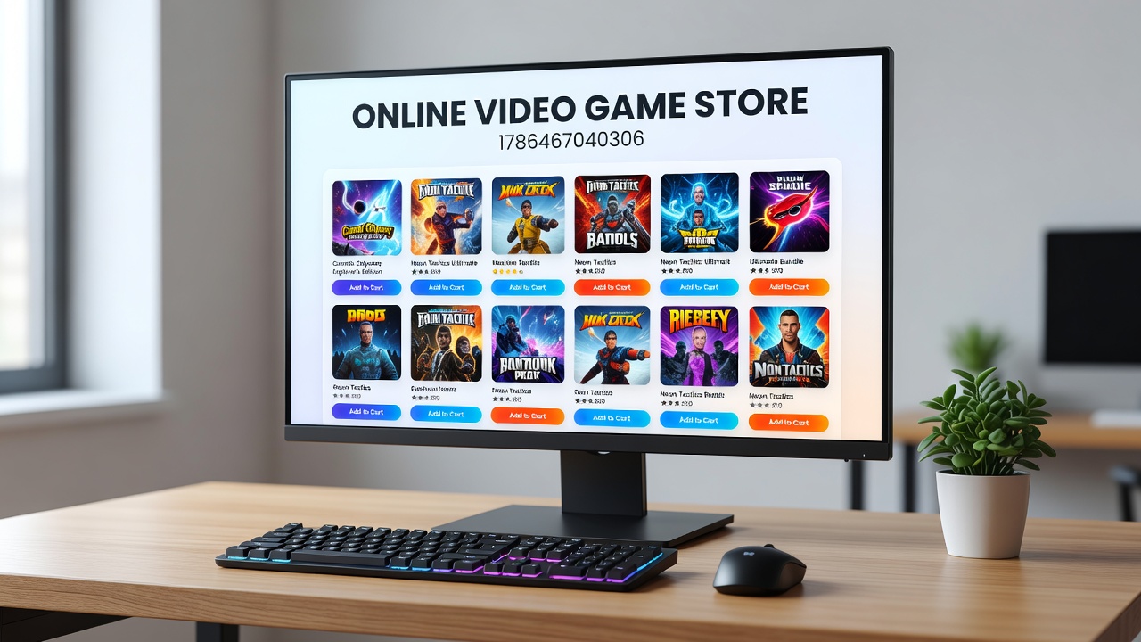 Close-up view of game selection screens within an online video game store highlighting filters and recommendations