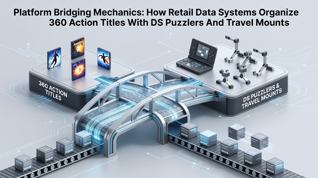 Retail data system interface displaying organized categories for console action games, handheld puzzles, and portable gaming mounts