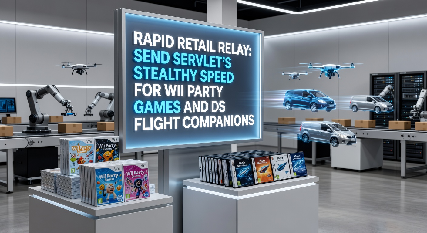 Illustration of a high-speed digital relay racing through servers toward Wii consoles and DS handhelds on an airplane tray table