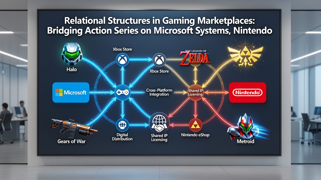 Relational database category mapping connecting Xbox action titles with Nintendo portables and aviation accessories in an e-commerce interface