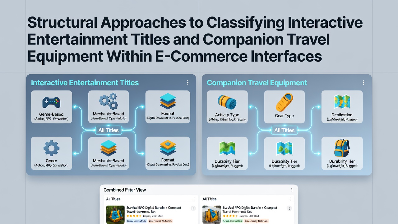 E-commerce interface showing categorized sections for interactive entertainment titles alongside travel accessories like portable gaming stands