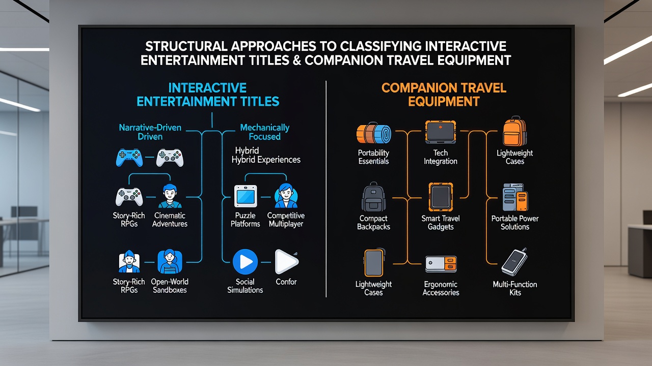 Detailed view of database taxonomy mapping entertainment titles to companion travel equipment in a retail interface