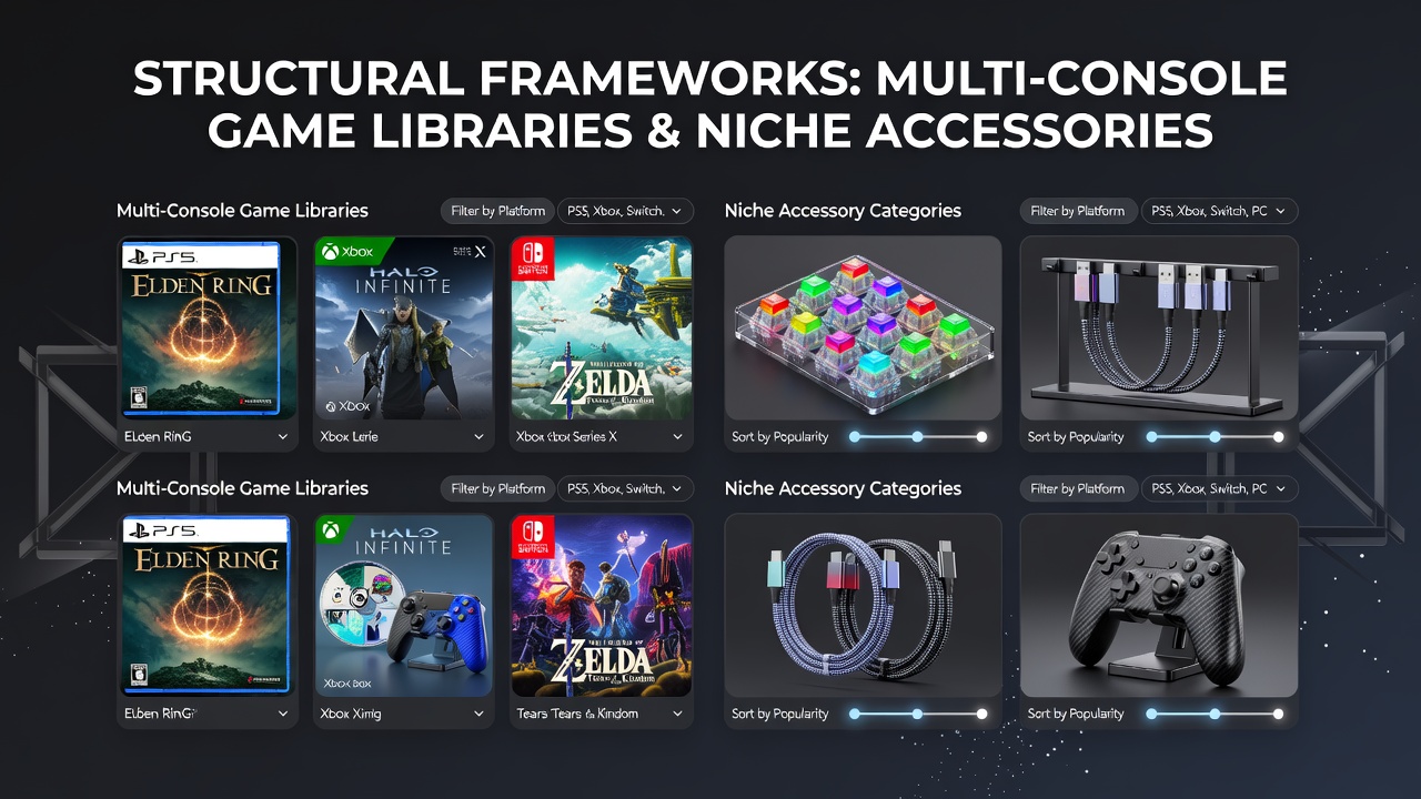 E-commerce dashboard displaying organized categories for multi-console games and accessories