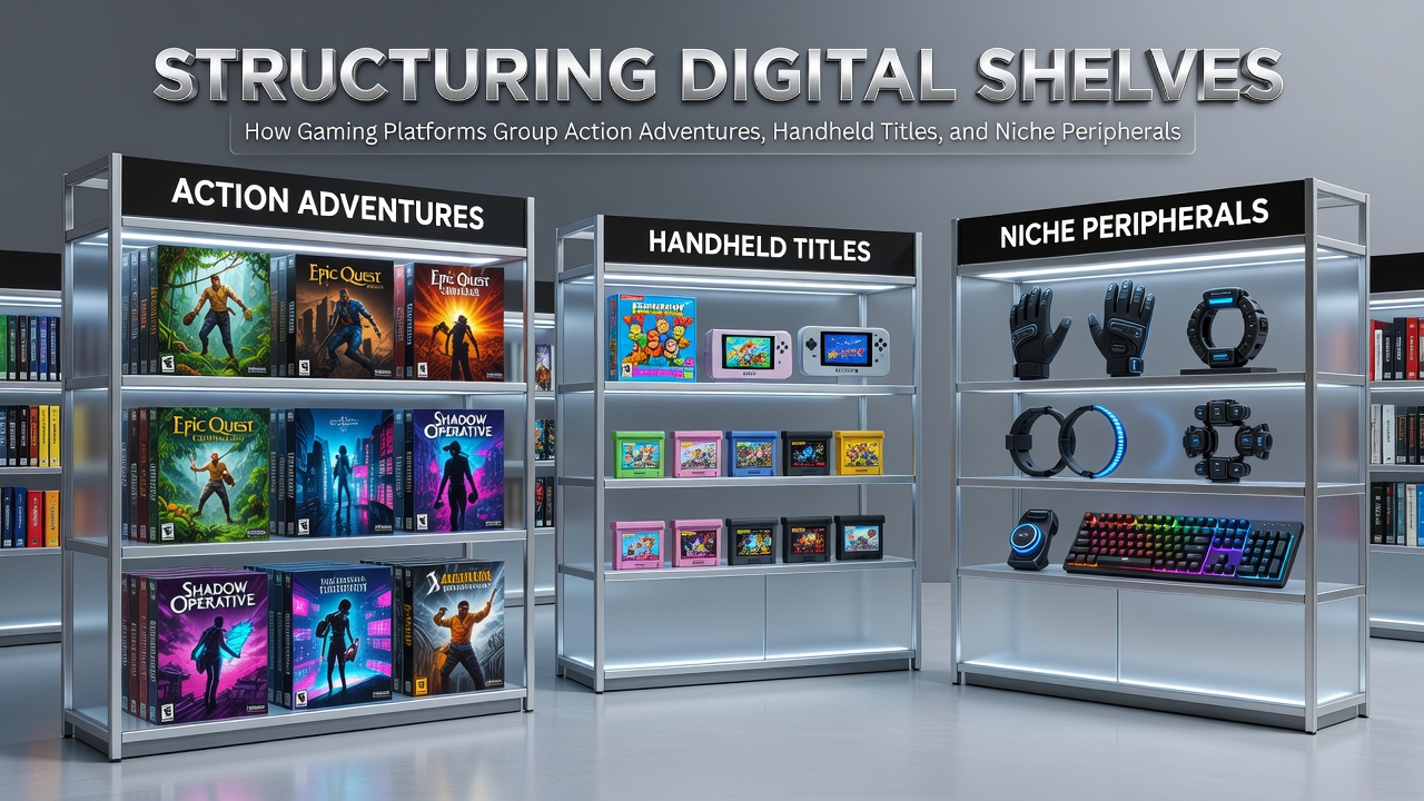 Digital storefront interface showing categorized sections for action adventures, handheld games, and gaming peripherals
