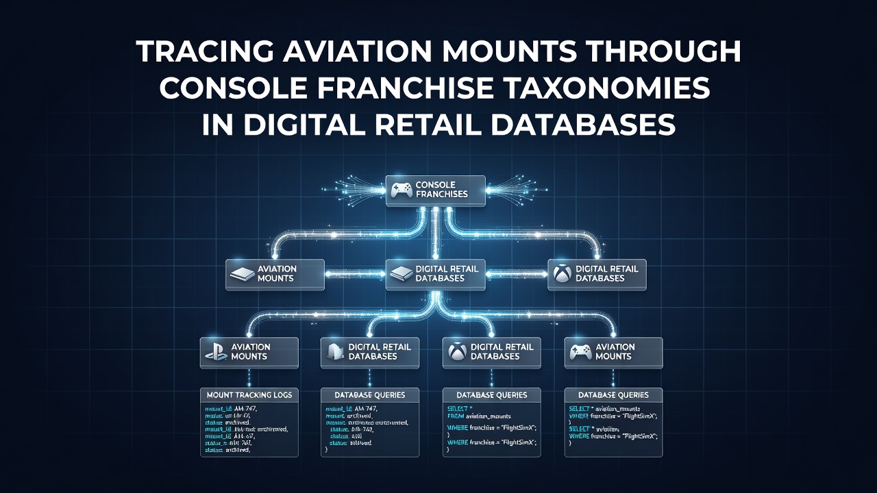 Digital retail database interface showing console franchise categories linked to aviation mount accessories