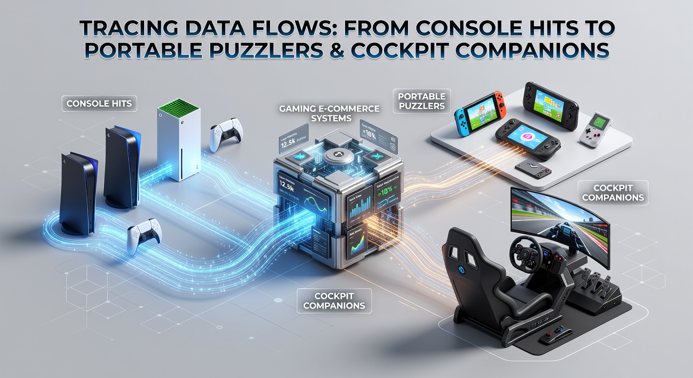 Data flow diagram showing connections between console games, portable titles, and aviation accessories in an e-commerce backend system