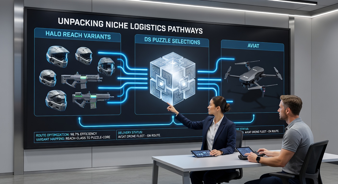 Warehouse fulfillment center showing organized pathways for shipping Halo Reach editions, DS puzzle collections, and aviation gaming stands together in specialized packaging streams